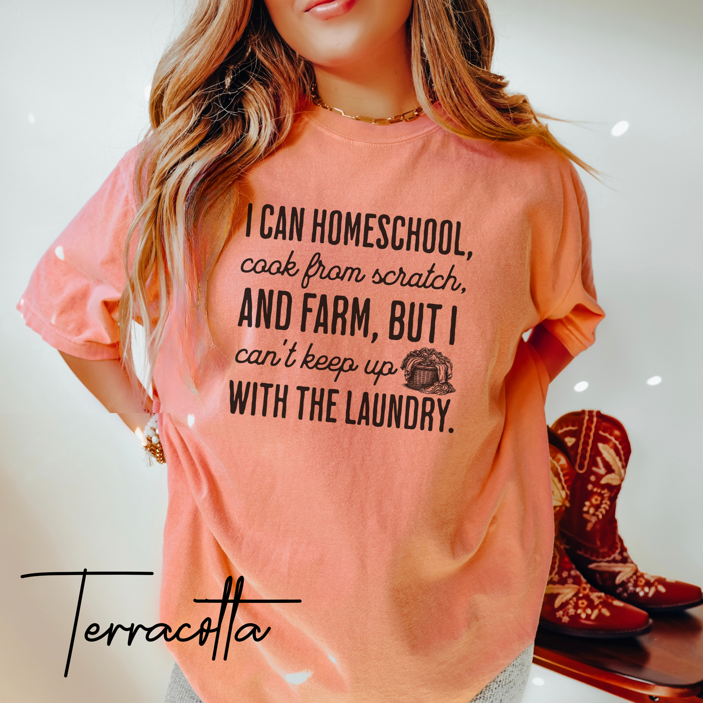 Homeschool Farm Life T-Shirt – Funny Homesteading Mom Graphic Tee “Can’t Keep Up With the Laundry” (Comfort Colors) Homesteading T-Shirt, Farming Tee, Gift For Homeschooling Mother