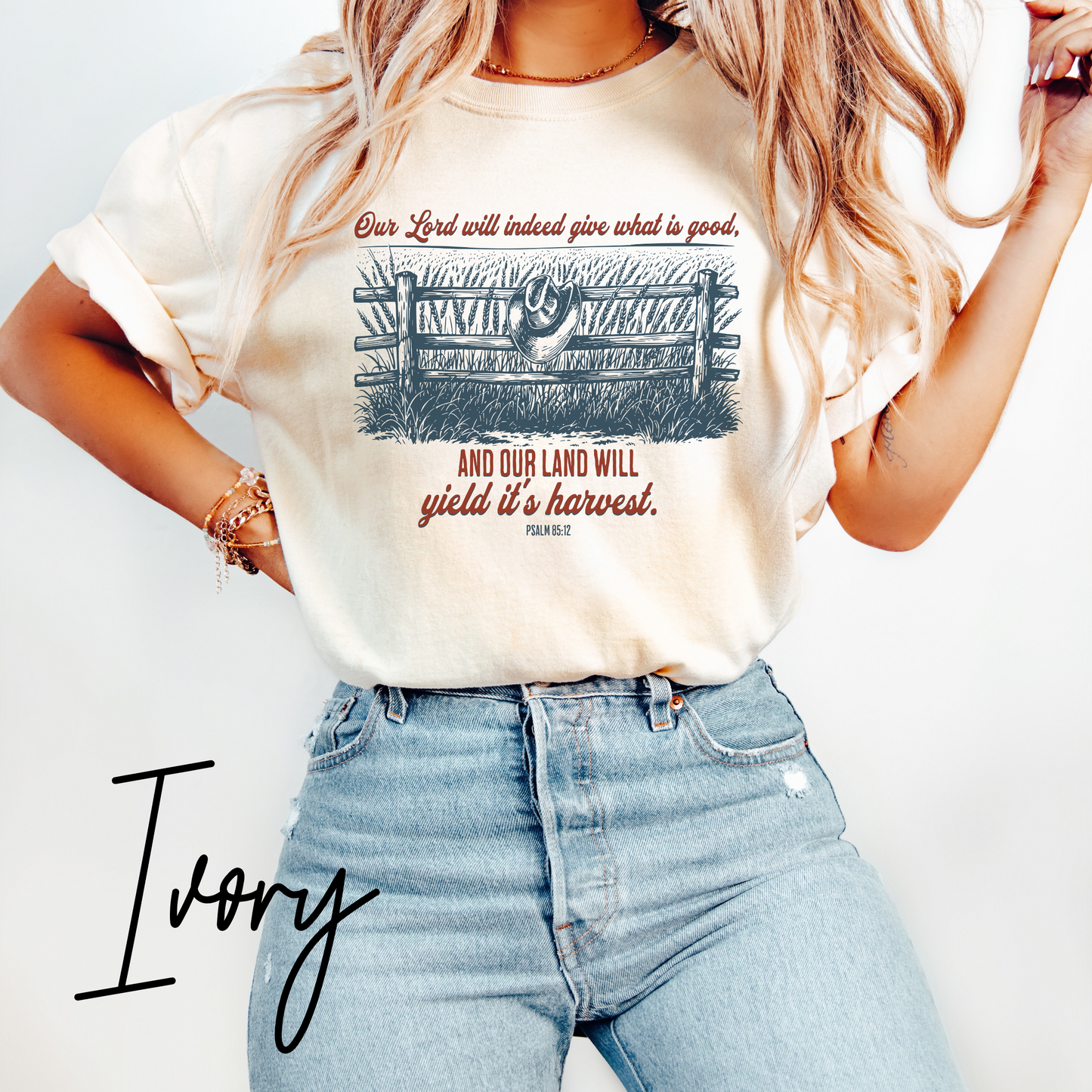 Christian Farm T-Shirt – Psalm 85:12 “Our Land Will Yield Its Harvest” Bible Verse Homestead Graphic Tee Shirt