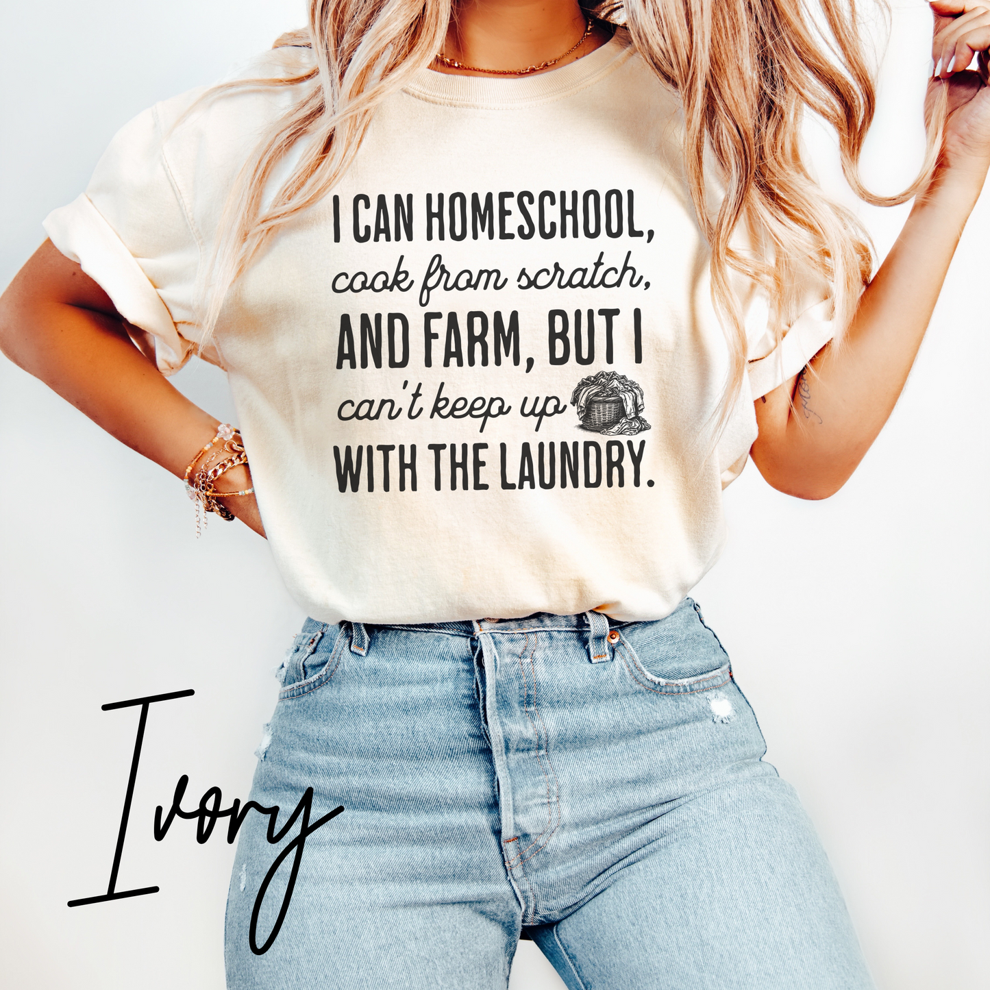 Homeschool Farm Life T-Shirt – Funny Homesteading Mom Graphic Tee “Can’t Keep Up With the Laundry” (Comfort Colors) Homesteading T-Shirt, Farming Tee, Gift For Homeschooling Mother