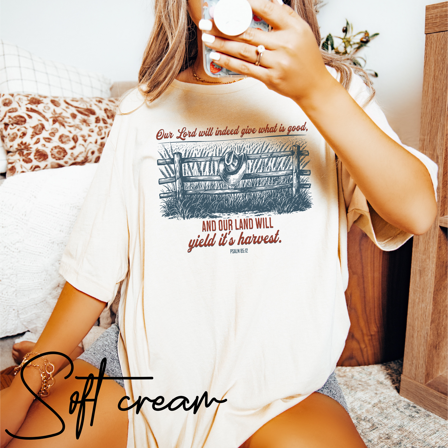 Christian Farm T-Shirt – Psalm 85:12 “Our Land Will Yield Its Harvest” Bible Verse Homestead Graphic Tee Shirt