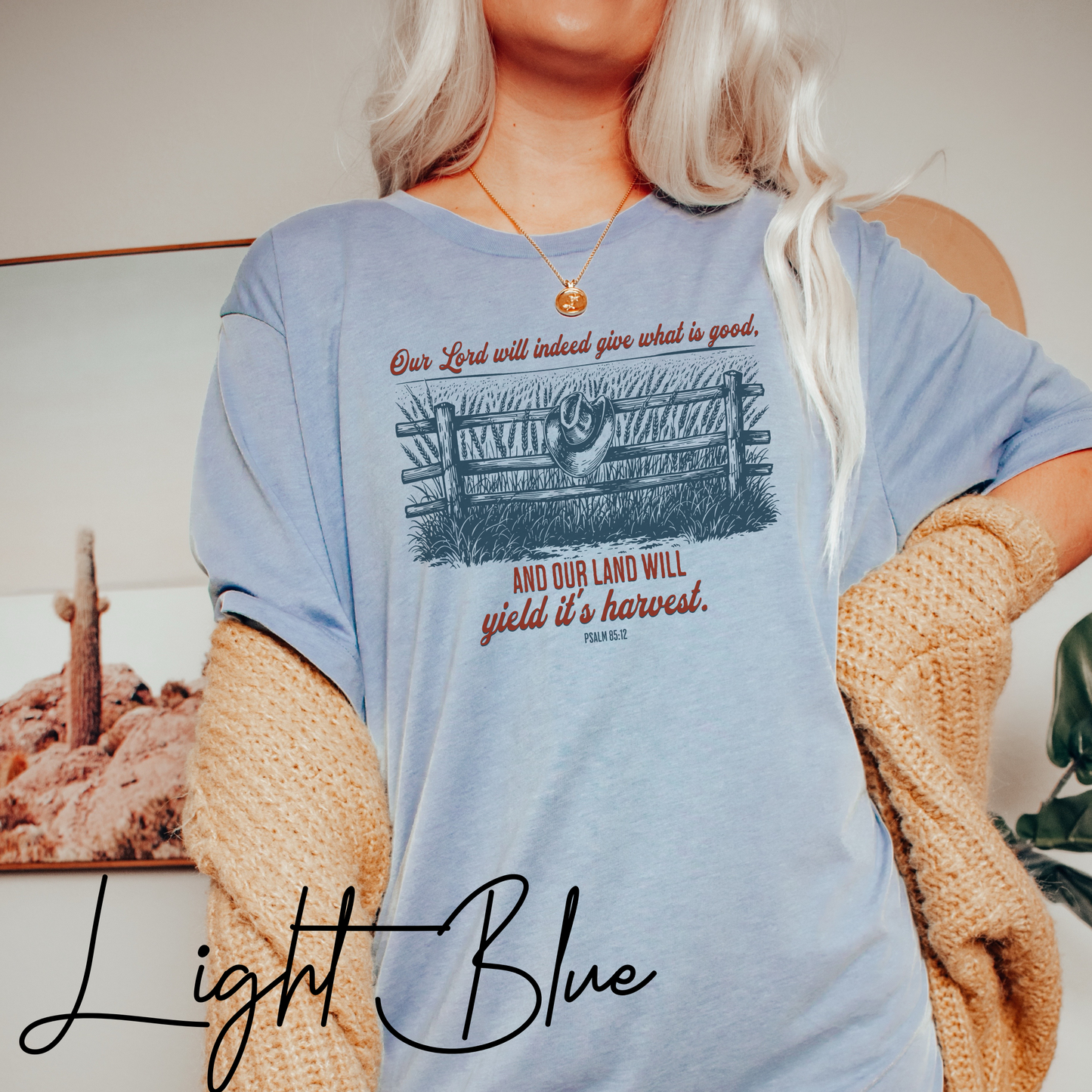 Christian Farm T-Shirt – Psalm 85:12 “Our Land Will Yield Its Harvest” Bible Verse Homestead Graphic Tee Shirt