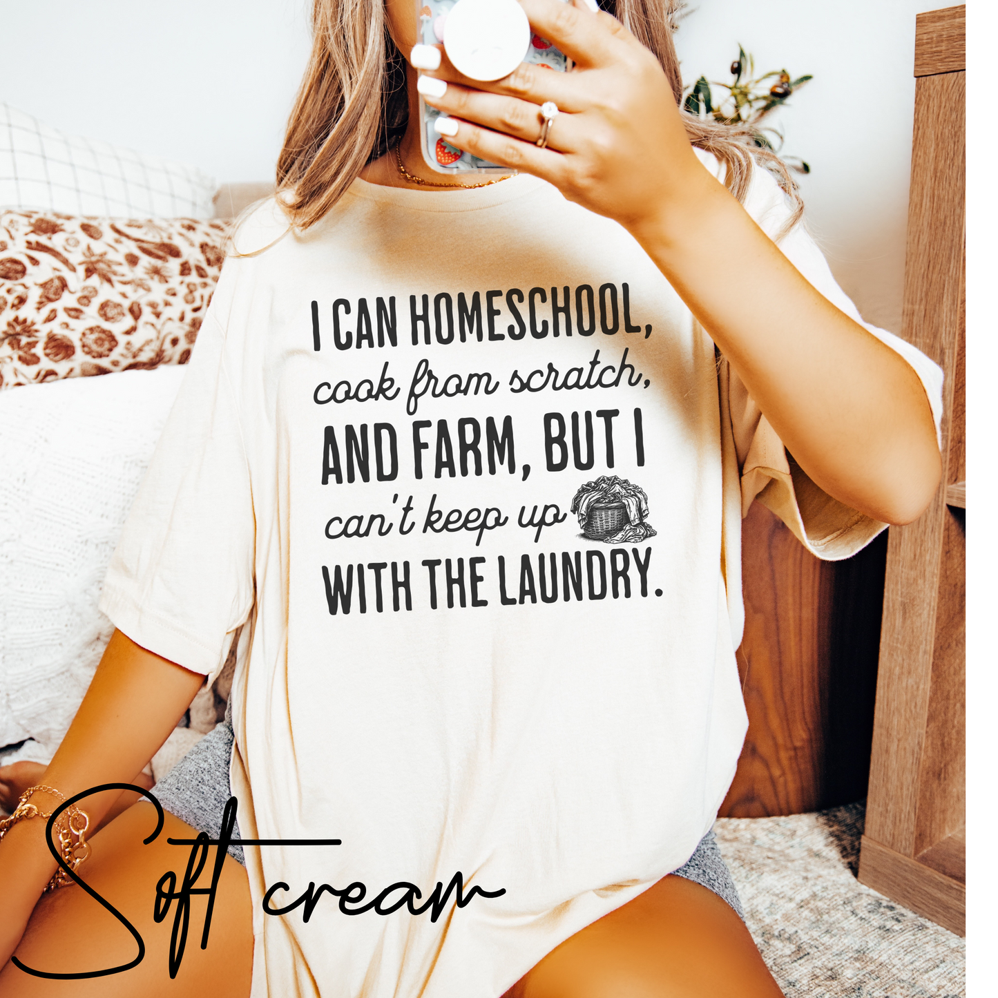 Homeschool Farm Life T-Shirt – Funny Homesteading Mom Graphic Tee “Can’t Keep Up With the Laundry”, Homesteading T-Shirt, Farming Tee, Gift For Homeschooling Mother