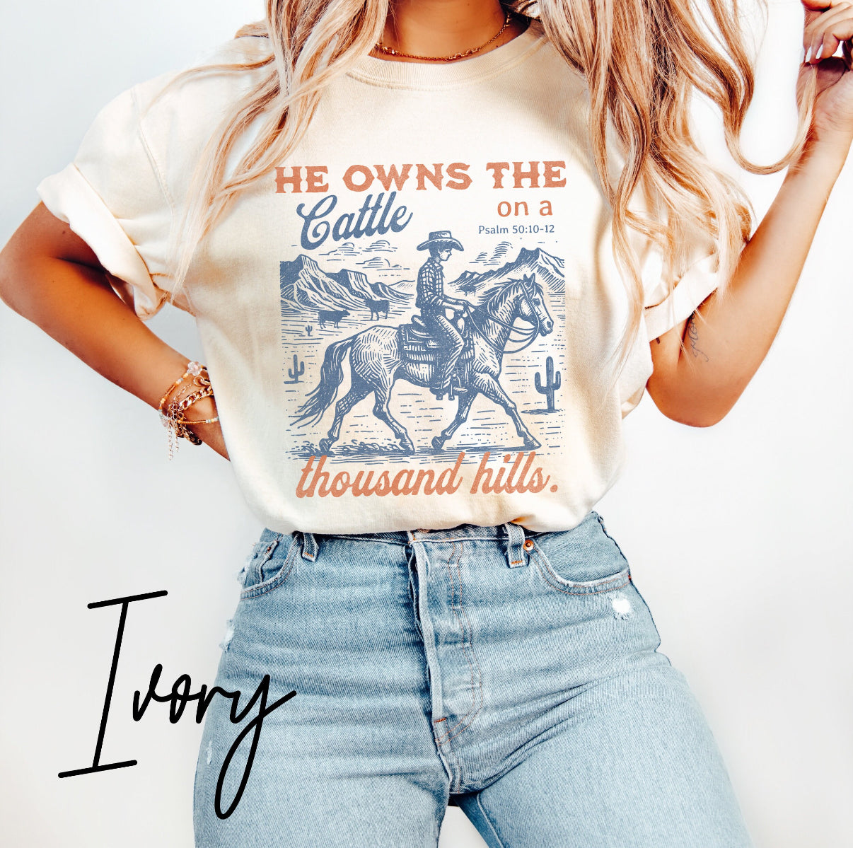 He Owns the Cattle on a Thousand Hills Psalm 50:10–12 Cowboy Graphic Tee, Western Christian Tee, Christian Apparel, Vintage Western Christian Tee, Scripture Shirt