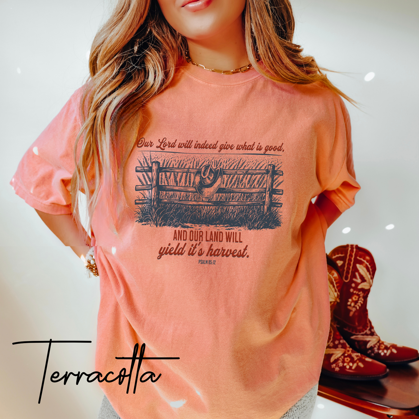 Christian Farm T-Shirt – Psalm 85:12 “Our Land Will Yield Its Harvest” Bible Verse Homestead Graphic Tee Shirt