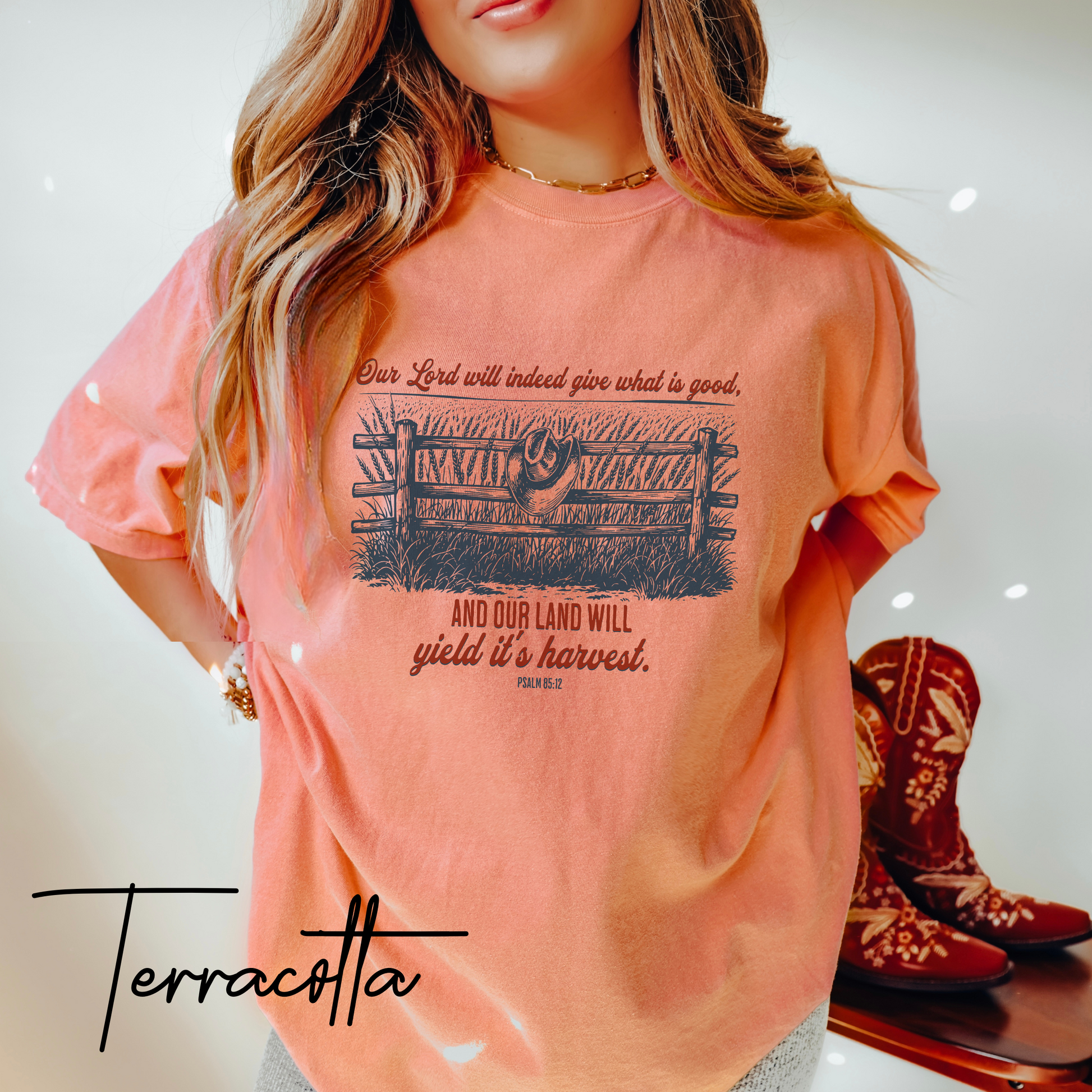 Christian Farm T-Shirt – Psalm 85:12 “Our Land Will Yield Its Harvest” Bible Verse Homestead Graphic Tee Shirt