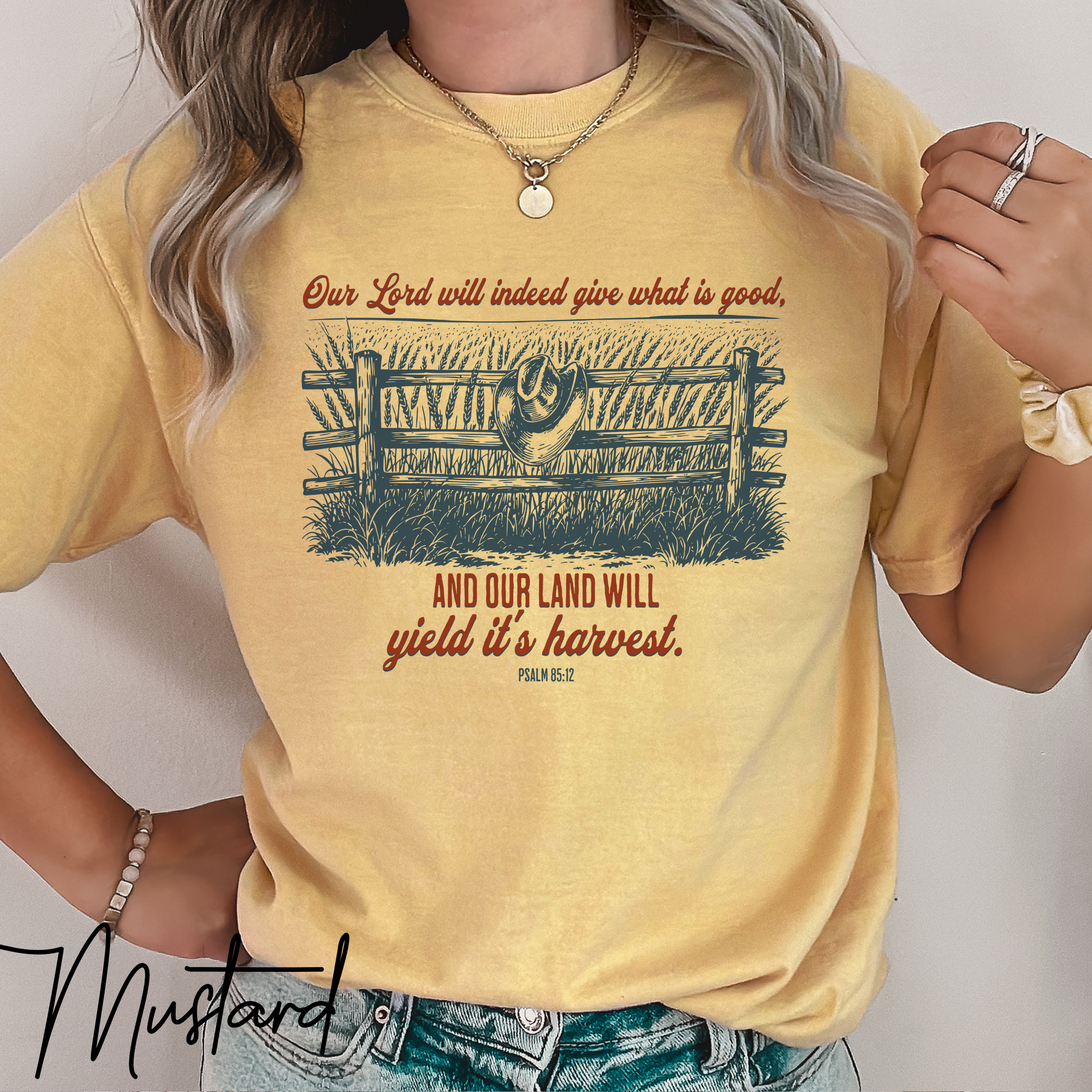 Christian Farm T-Shirt – Psalm 85:12 “Our Land Will Yield Its Harvest” Bible Verse Homestead Graphic Tee Shirt