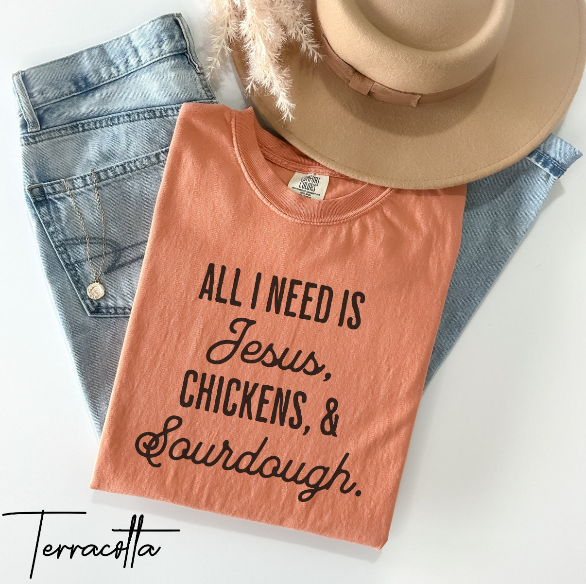 All I Need is Jesus, Chickens & Sourdough T-Shirt – Christian Homestead Farm Life Graphic Tee (Comfort Colors) Christian Homesteader Shirt, Christian Apparel For Farmer, Sourdough Lover Gift, Chicken Lover Gift