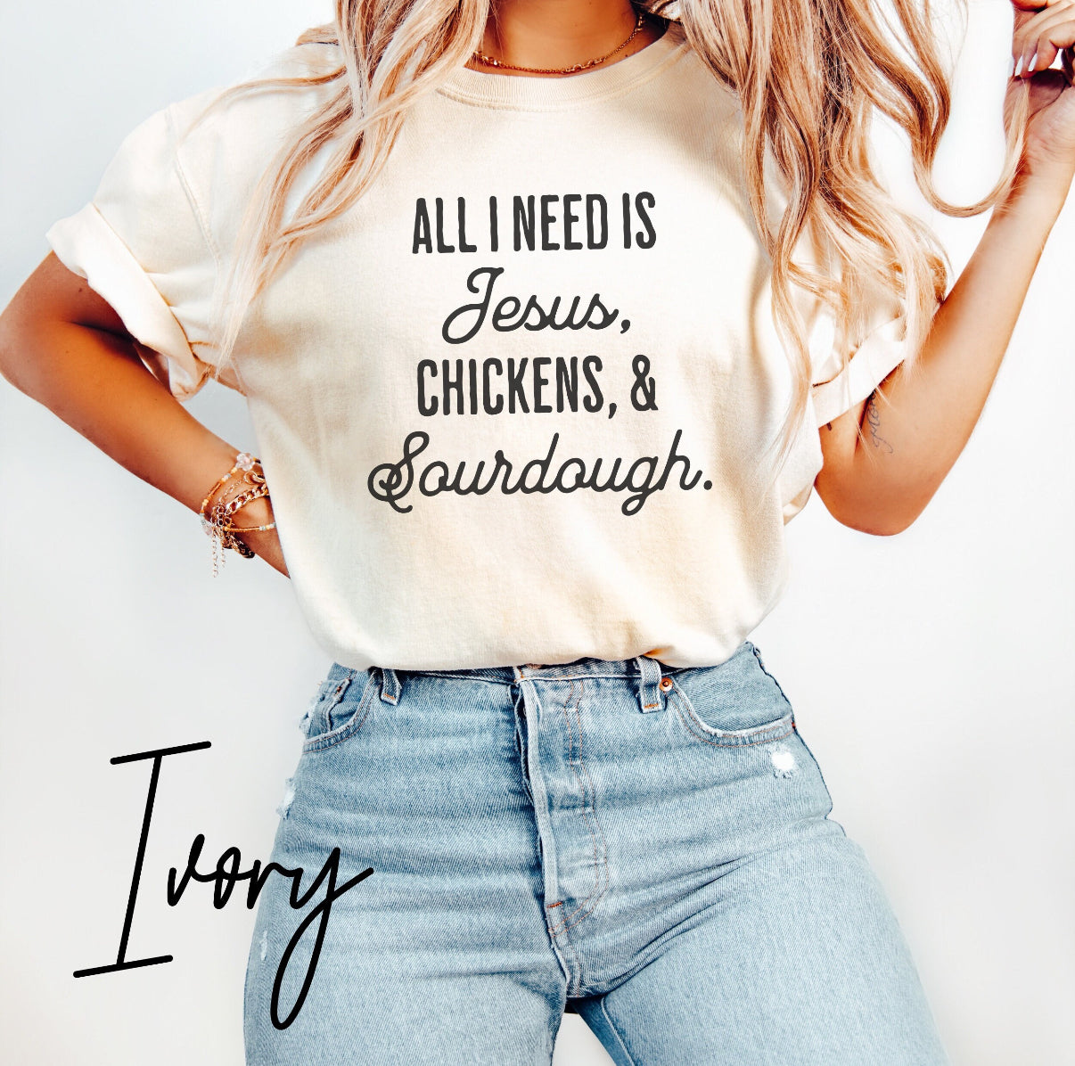 All I Need is Jesus, Chickens & Sourdough T-Shirt – Christian Homestead Farm Life Graphic Tee (Comfort Colors) Christian Homesteader Shirt, Christian Apparel For Farmer, Sourdough Lover Gift, Chicken Lover Gift